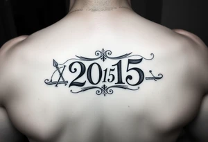 a powerful majestic set of roman numerals equalling the year 2015, with an elegant name placed within the center of the roman numerals tattoo idea