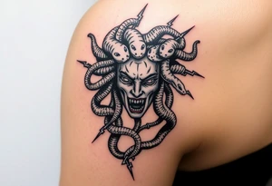 detailed female Medusa Head containing snakes and surrounded by lightnings in sketch style, black color and on the outer forearm tattoo idea