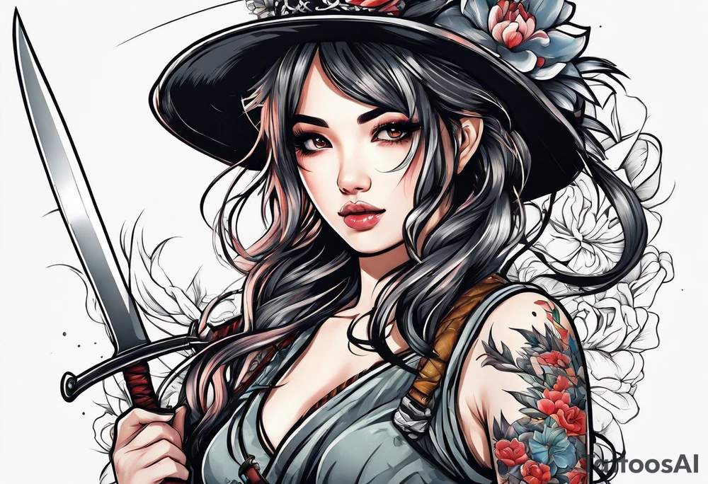 Cute girl with a bayonet knife in hands tattoo idea