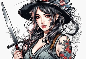 Cute girl with a bayonet knife in hands tattoo idea