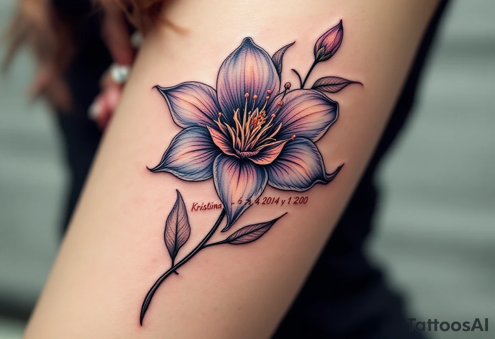 Lilie flower with "Kristýna – 5.4.2014 v 12:00" elegantly curved around its stem in rose gold ink. tattoo idea