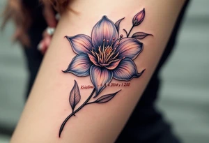 Lilie flower with "Kristýna – 5.4.2014 v 12:00" elegantly curved around its stem in rose gold ink. tattoo idea
