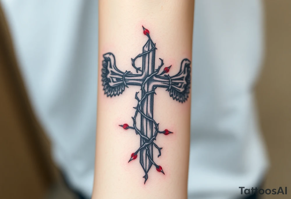 A cross wrapped in thorny vines, with dark angel wings in deep gray and blood-red accents tattoo idea