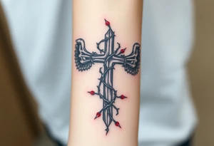 A cross wrapped in thorny vines, with dark angel wings in deep gray and blood-red accents tattoo idea