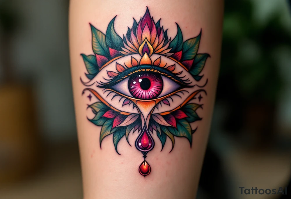 A ruby red Udjat eye surrounded by dark green papyrus leaves for healing and wholeness. tattoo idea