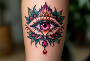 A ruby red Udjat eye surrounded by dark green papyrus leaves for healing and wholeness. tattoo idea