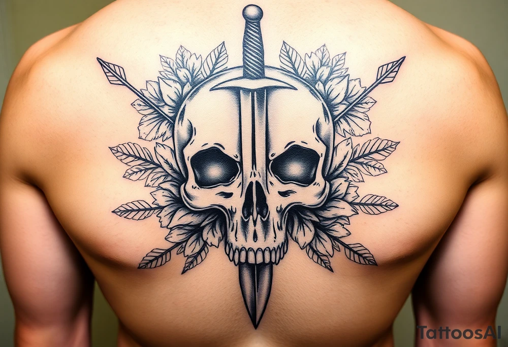 Realistic skull with dagger through it. Surrounds my arrows, flowers and leaves tattoo idea