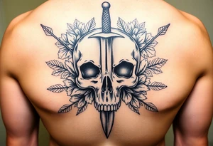 Realistic skull with dagger through it. Surrounds my arrows, flowers and leaves tattoo idea