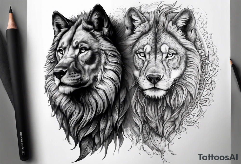 Half Lion eye half wolf eye side by side tattoo idea