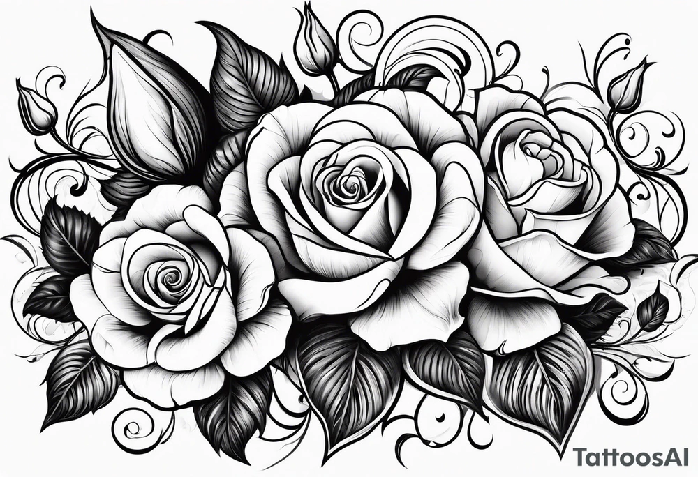 Roses and tulips with decorative swirls tattoo idea