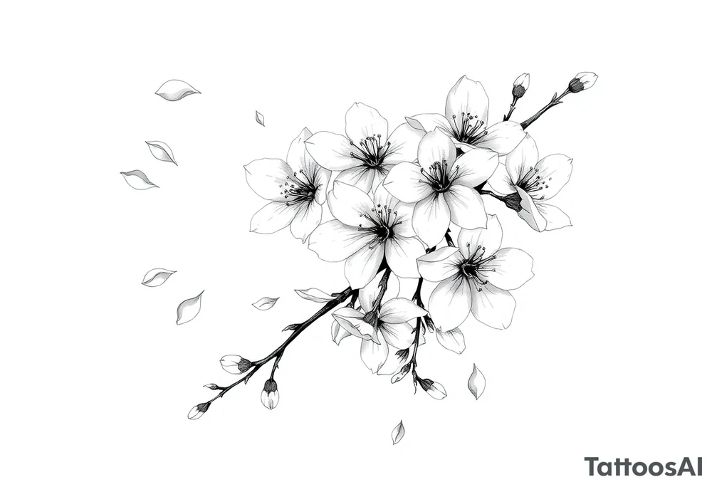 delicate cherry blossoms swirling in spring breeze with petals tattoo idea