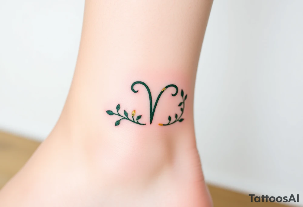A minimalist Virgo glyph made of intertwining vines, in an elegant dark green and gold gradient tattoo idea