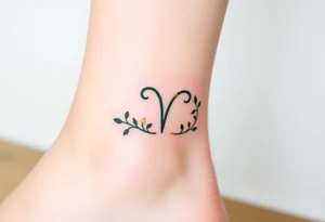 A minimalist Virgo glyph made of intertwining vines, in an elegant dark green and gold gradient tattoo idea