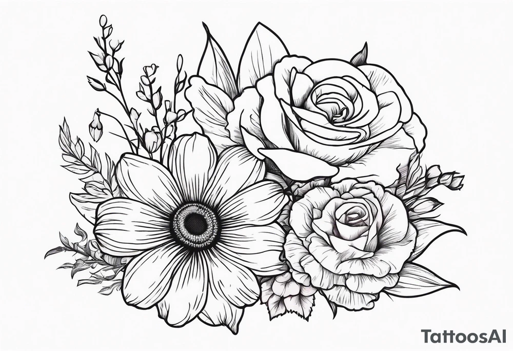 A daisy and a rose with gladiolus flowers and poppies weaving through tattoo idea