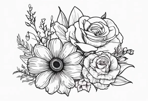 A daisy and a rose with gladiolus flowers and poppies weaving through tattoo idea