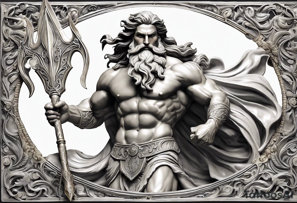 Poseidon is shown in a powerful and commanding pose, with intricate details highlighting his muscular physique and regal presence. His long, flowing beard and hair are depicted with meticulous shading, giving them a lifelike texture. The god’s eyes are intense and penetrating, capturing his divine authority.

He holds his iconic trident, detailed with sharp, defined prongs and intricate designs along the handle. The trident is positioned prominently, symbolizing his dominion over the oceans. His skin is rendered with lifelike textures, and the flowing elements of his hair and beard suggest movement, as though caught in a gust of wind.

The background is kept minimalistic and clean, focusing solely on Poseidon and his trident, allowing the detailed depiction of the god himself to stand out. The use of shadows and highlights enhances the three-dimensional effect, bringing out the strength and majesty of Poseidon in a strikingly realistic manner. tattoo idea