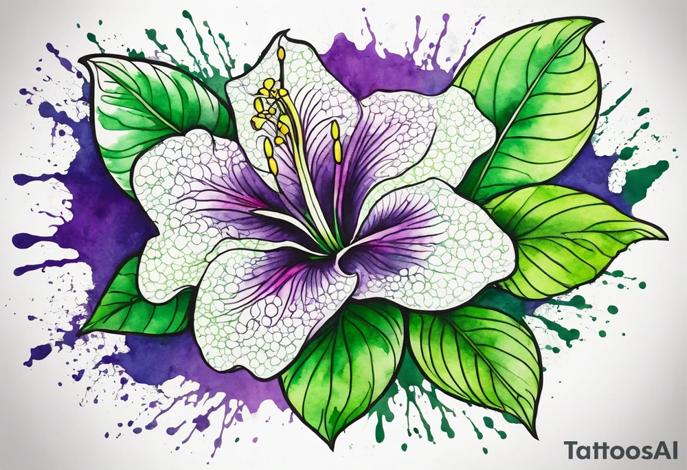 An outline of an only green rio dipladenia flower and a green and purple watercolor splash in the background tattoo idea