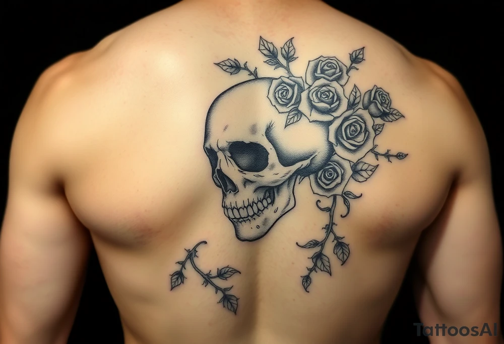 gothic skull intertwined with climbing roses and thorny vines tattoo idea