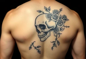 gothic skull intertwined with climbing roses and thorny vines tattoo idea