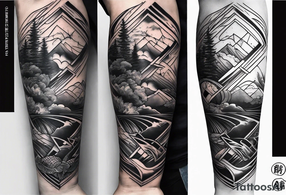 From left shoulder to forearm sleeve tattoo. Fine line geometric, concept design tattoo, ocean thunder fire nature tattoo idea