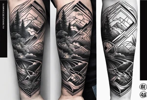 From left shoulder to forearm sleeve tattoo. Fine line geometric, concept design tattoo, ocean thunder fire nature tattoo idea