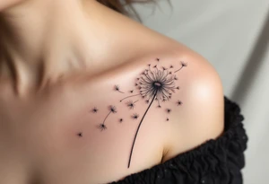 Windblown dandelion with translucent petals in pearl gray, blowing across the ribs into soft abstract shapes tattoo idea