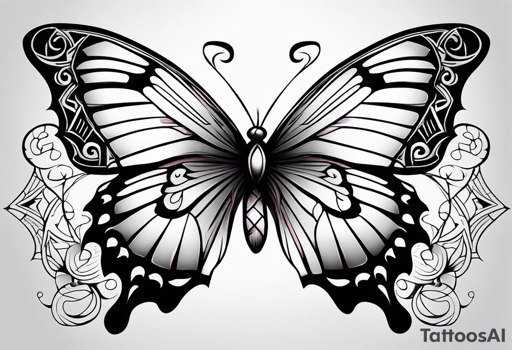 Elegant butterfly with fine, feminine linework, incorporating soft, symmetrical patterns and a light gradient from black to soft pastel hues for a graceful touch. tattoo idea