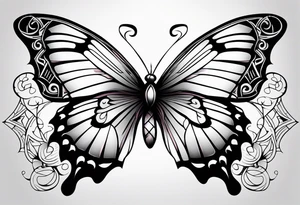 Elegant butterfly with fine, feminine linework, incorporating soft, symmetrical patterns and a light gradient from black to soft pastel hues for a graceful touch. tattoo idea