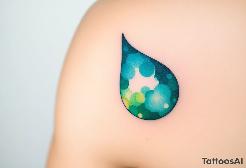 A teardrop with a watercolor effect in shades of turquoise and green, symbolizing renewal and the washing away of pain tattoo idea