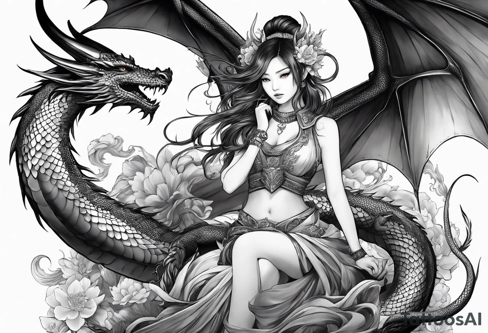 beautiful warrior nymph with dragon wings and dragon friends tattoo idea