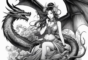 beautiful warrior nymph with dragon wings and dragon friends tattoo idea