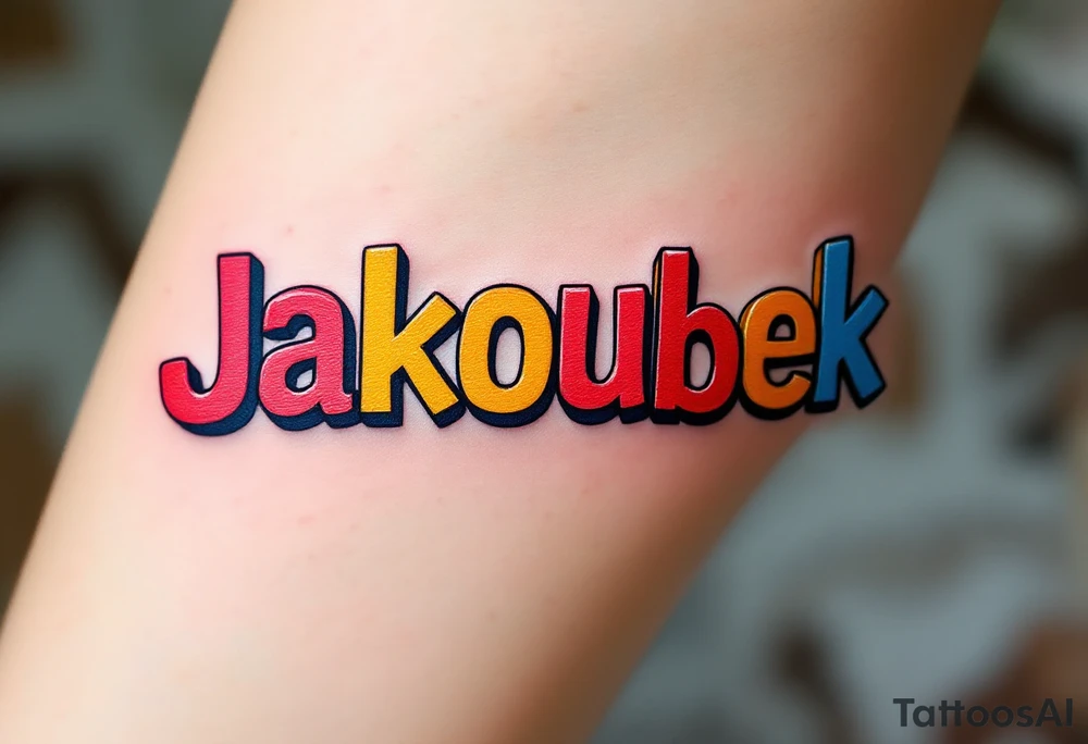 Jakoubek name styled as wooden toy blocks, colored in primary red, yellow, and blue. tattoo idea