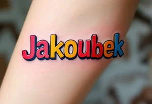 Jakoubek name styled as wooden toy blocks, colored in primary red, yellow, and blue. tattoo idea