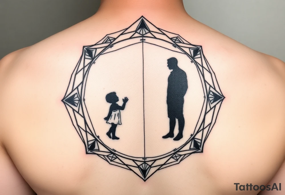 Geometric mirror portal tattoo, Art Deco frame mixed with sacred geometry, dual reflection showing silhouette of small child reaching upward on one side and strong adult figure on opposite side, abstract representation using shapes and shadows - child side has curved soft lines, adult side has sharp angular lines, dotwork and linework combination, black and grey, vertical design for upper arm tattoo idea