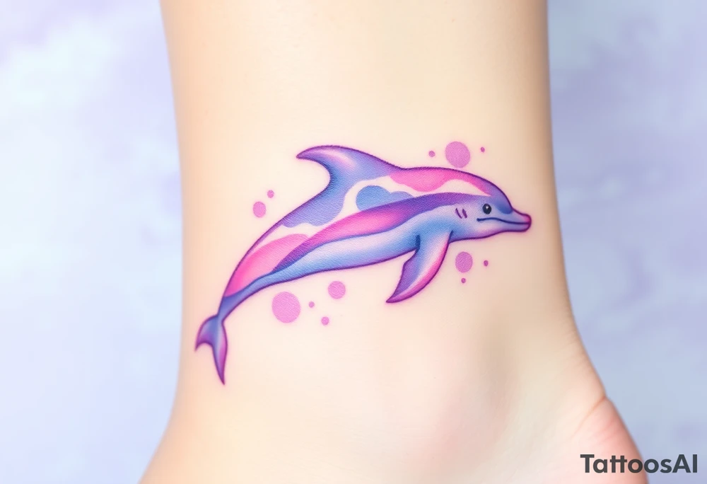 A soft watercolor dolphin in pastel shades of purple and sky-blue, evoking a dreamy, ethereal effect tattoo idea