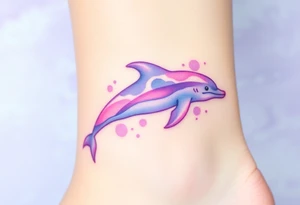 A soft watercolor dolphin in pastel shades of purple and sky-blue, evoking a dreamy, ethereal effect tattoo idea