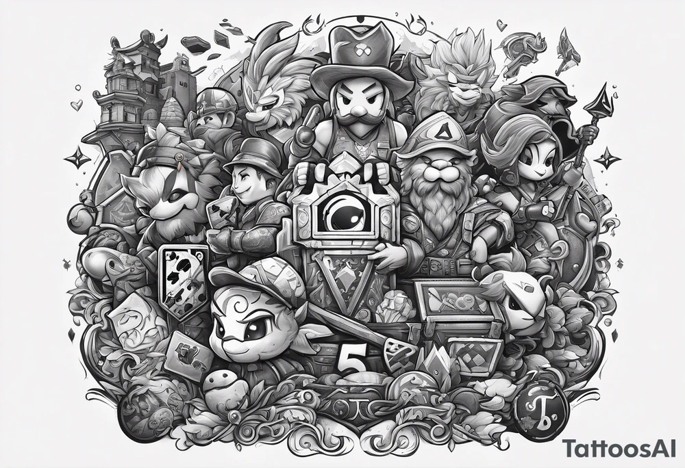 a stylized collage of iconic gaming symbols, characters, and items from various beloved games tattoo idea