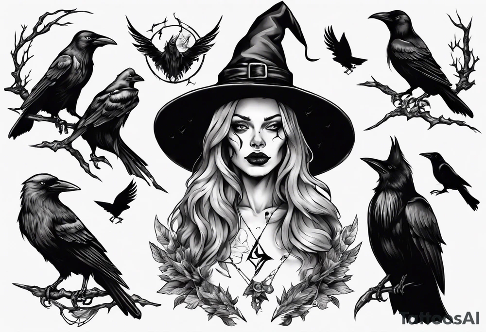 witch with crows tattoo idea