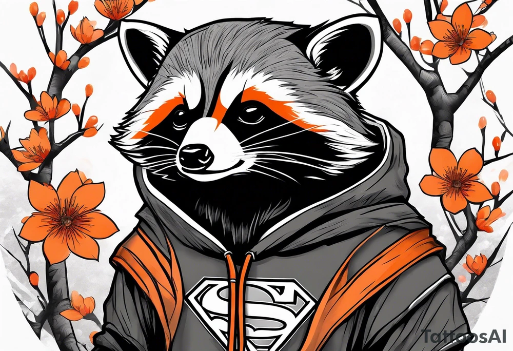 raccoon wearing a black and white Superman hoodie and orange Japanese cherry blossoms tattoo idea