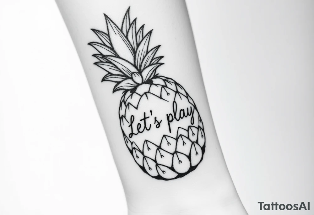 A black ink wrist tattoo featuring a realistic yet minimalistic pineapple. The pineapple is finely detailed with clean, precise lines, capturing the natural texture of the fruit while keeping the design subtle and uncluttered. Inside the body of the pineapple, the phrase "Let's play" is clearly placed in a bold but not overly thick font, ensuring readability while maintaining balance with the overall design. The leaves of the pineapple have a fine-line style with slight variations in thickness for a natural feel. The tattoo blends fine details with subtle bold elements, creating a clean and modern aesthetic. tattoo idea