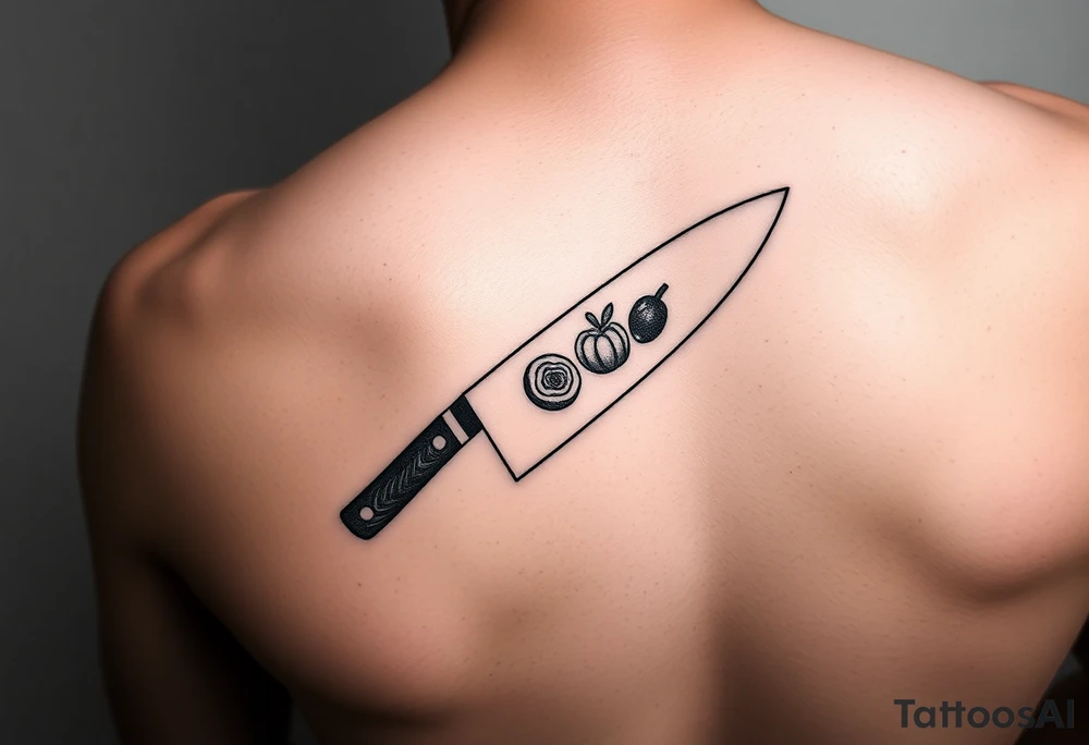 geometric fine line tattoo of a japanese chefs knife with visual representation of the 5 tastes tattoo idea