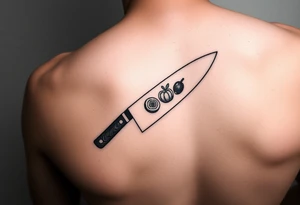 geometric fine line tattoo of a japanese chefs knife with visual representation of the 5 tastes tattoo idea