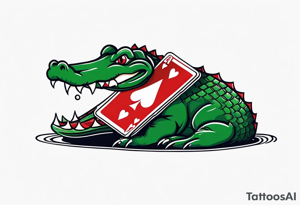 Alligator biting hand with a poker card that has 2 of spades in it tattoo idea