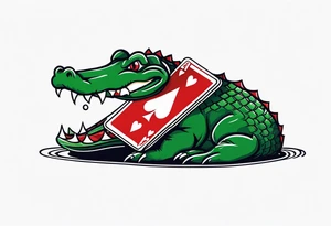 Alligator biting hand with a poker card that has 2 of spades in it tattoo idea