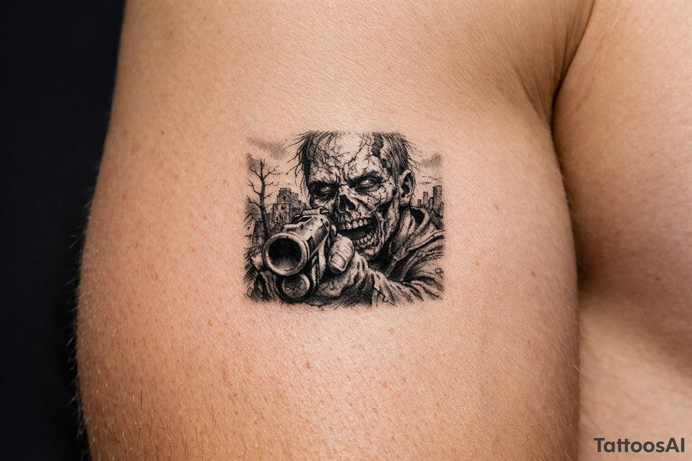 Close-up of zombie's face, shotgun barrel pointed forward, desolate background. tattoo idea