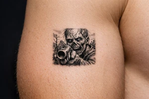 Close-up of zombie's face, shotgun barrel pointed forward, desolate background. tattoo idea