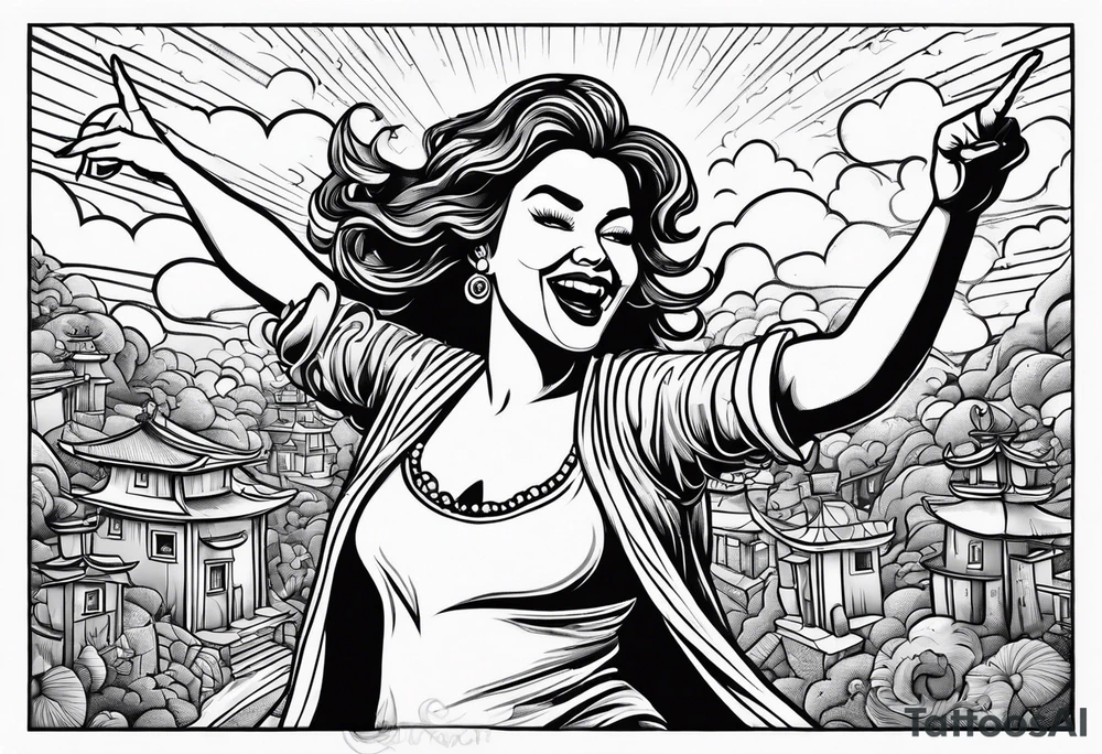Silly. odd woman ugly dancing pointing her fingers up in the sky. tattoo idea