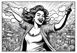 Silly. odd woman ugly dancing pointing her fingers up in the sky. tattoo idea