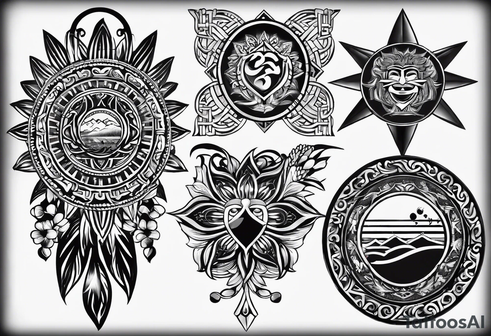 Filipino sun, Filipino Polynesian style, surname Reyes Espina, not vulgar, family crest round shape that looks good on a wrist or bicep, not traditional American tribal, family, love tattoo idea