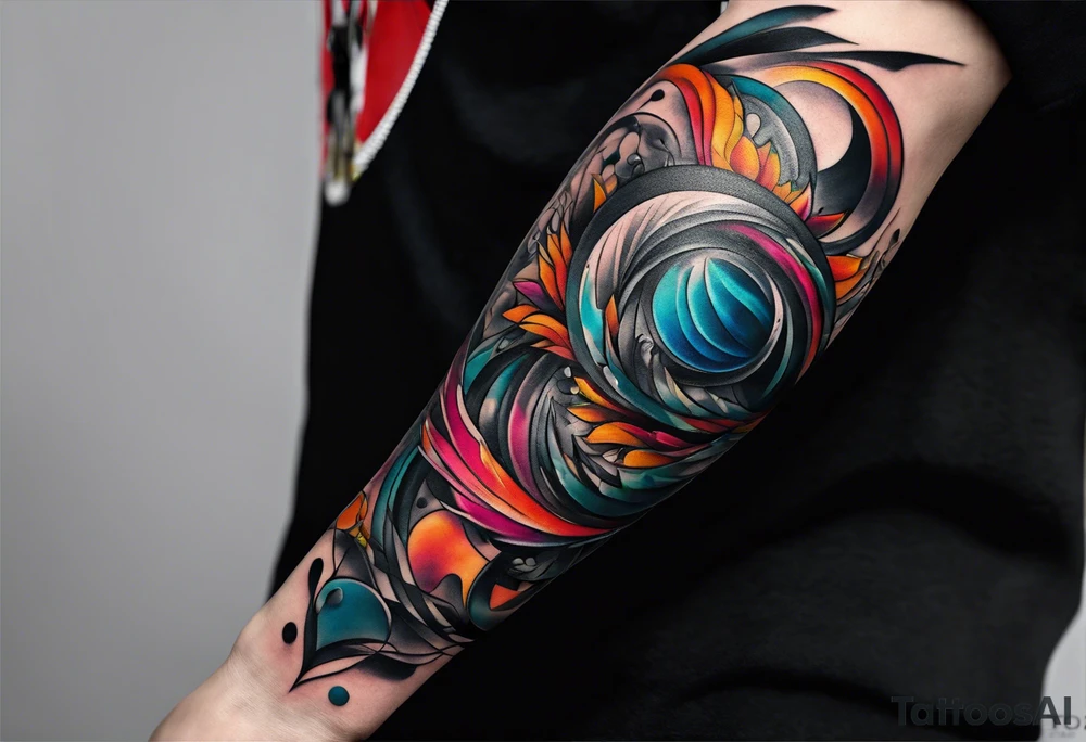flow abstract large forearm tattoo with lines, splatters, circles tattoo idea